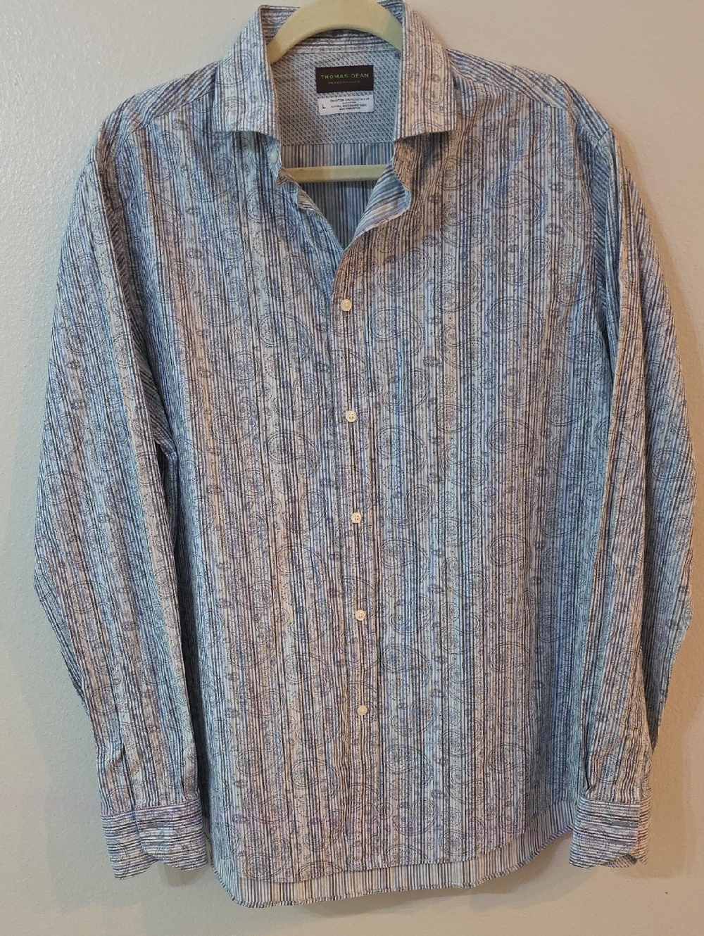 Thomas Dean Performance Large Blue Striped Paisley Button-Down Shirt